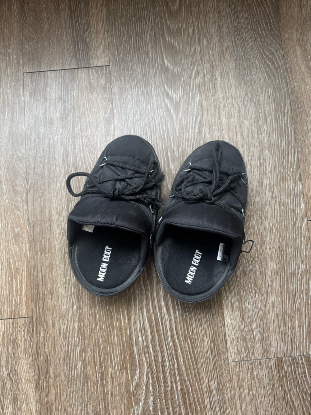 Moon Boot Black Nylon Slip-On Clogs with Lace Detail